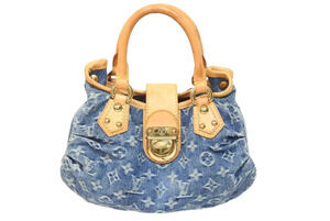 Louis Vuitton Pleaty Handbag Monogram Denim Leather Blue Brown Gold